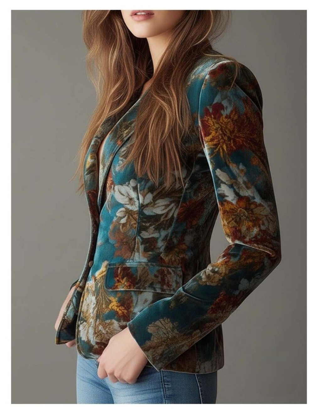 NWT FuTario Vintage Teal Floral Velvet Tailored Blazer Size Medium - Picture 9 of 11